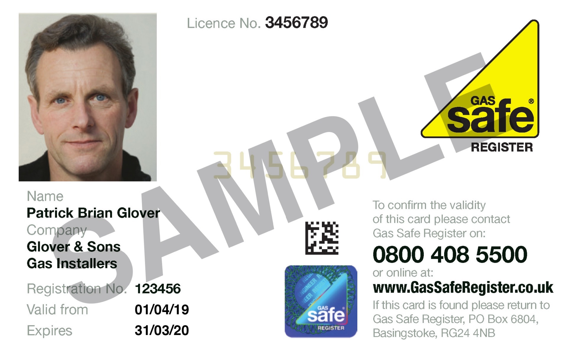 Front of gas safe card